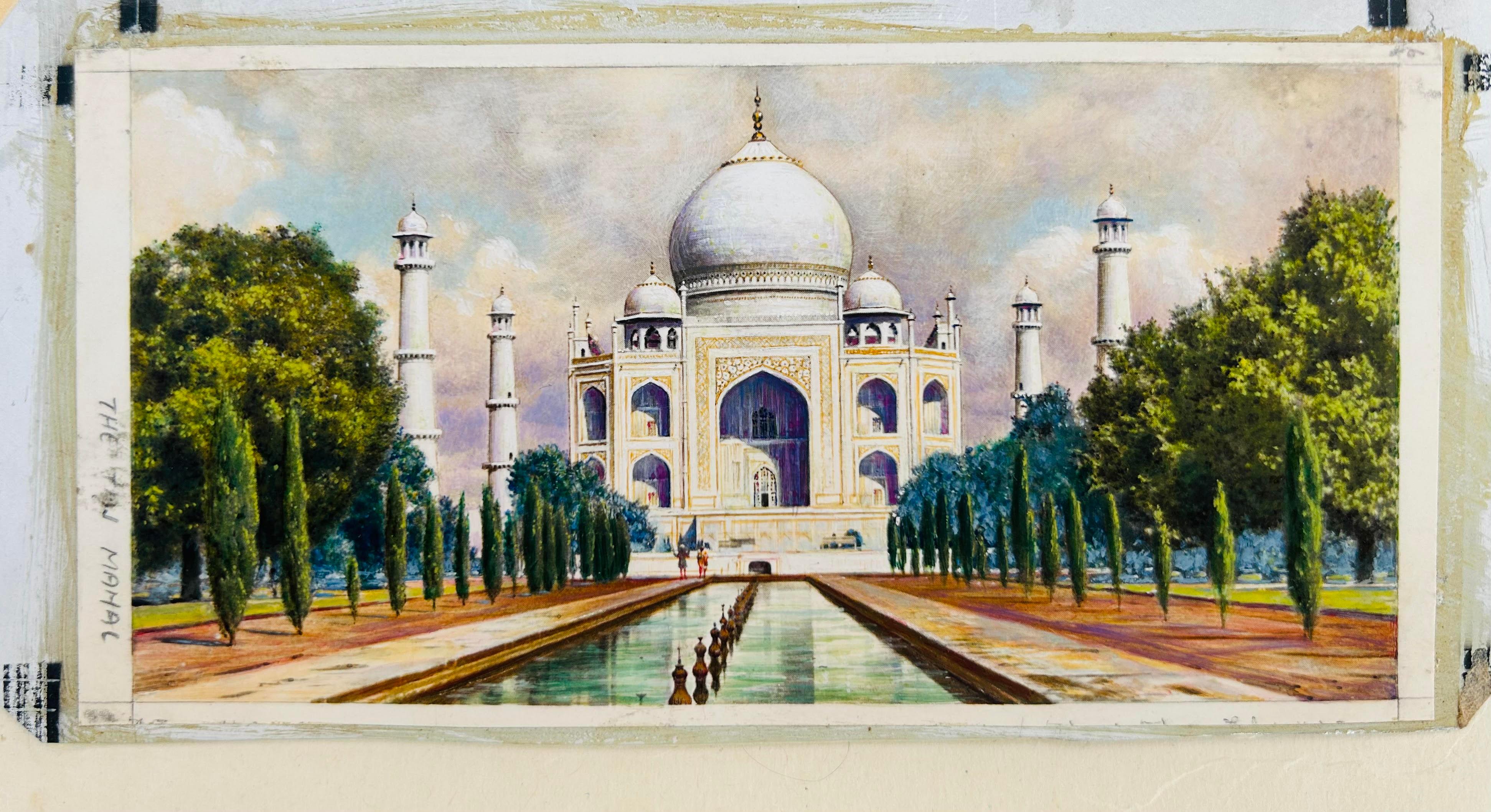 Original-Aquarell „ Taj Mahal“ für die Zigarettenkarte eines Kirchenmannes, Taj Mahal, Indien, um 1910 – Art von Unknown