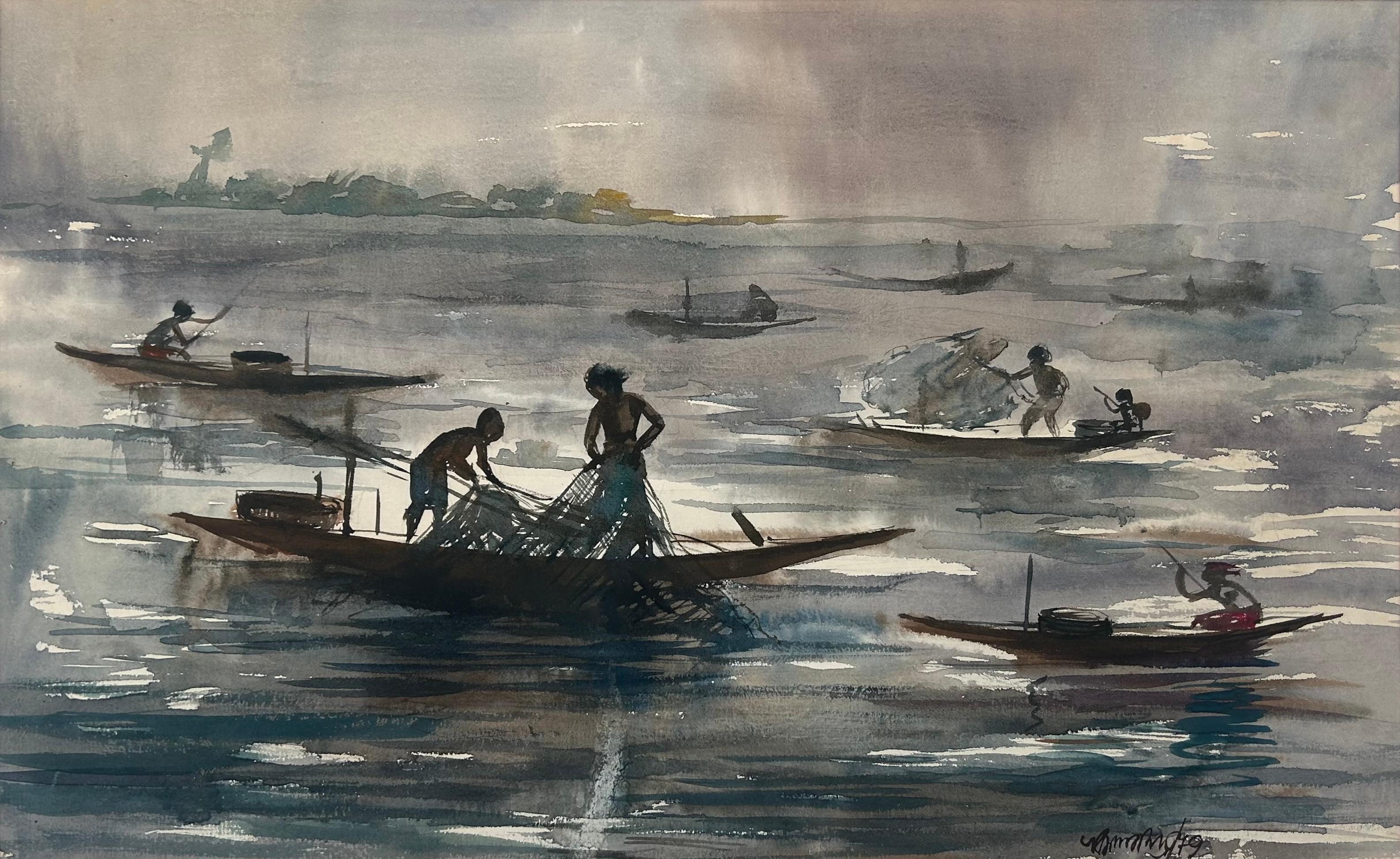 Unknown Landscape Art - India Bangladesh Indistinctly signed in Bengal 1979 Watercolour Fisherman Dacca