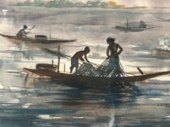India Bangladesh Firmado indistintamente en Bengala 1979 Acuarela Pescador Dacca