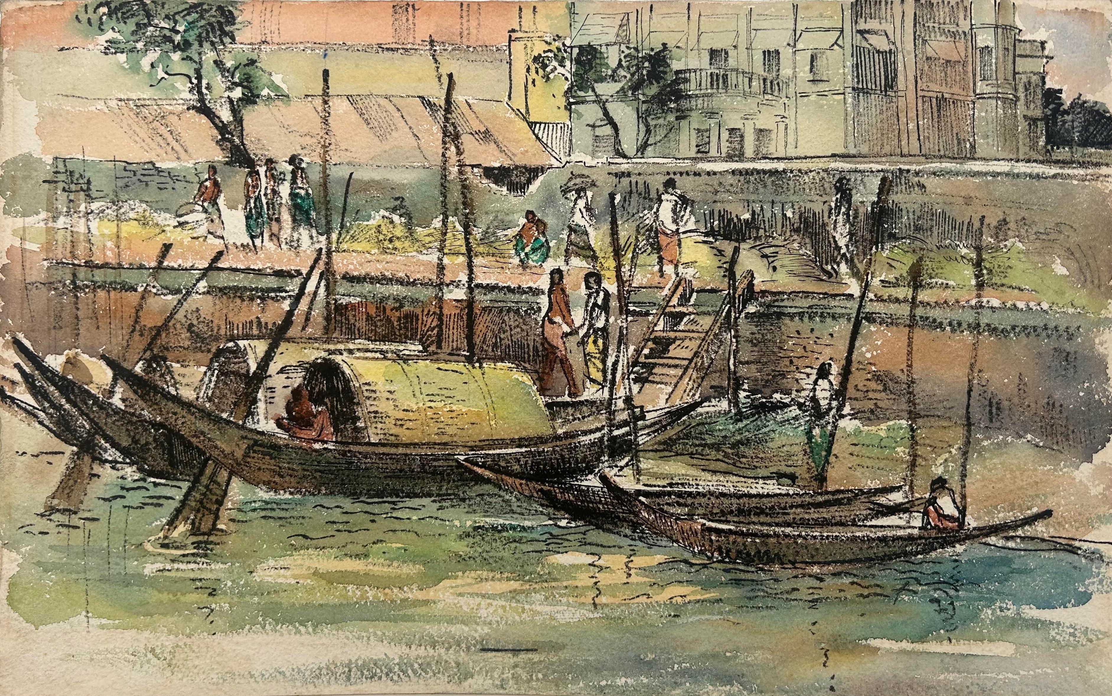 Bangladesh India Nitun Kundu Signed Watercolour 1960
s Buriganga Quayside Dacca