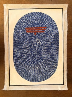 India Pittura Tantrica Blu Rosso Uovo Cosmico Media Mista Minimalista su Stoffa