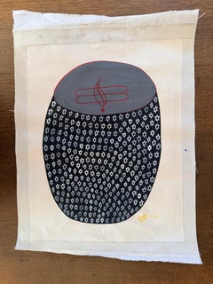 India Tantric Painting Black Red Cosmic Egg Minimalist Mixed Media on Cloth