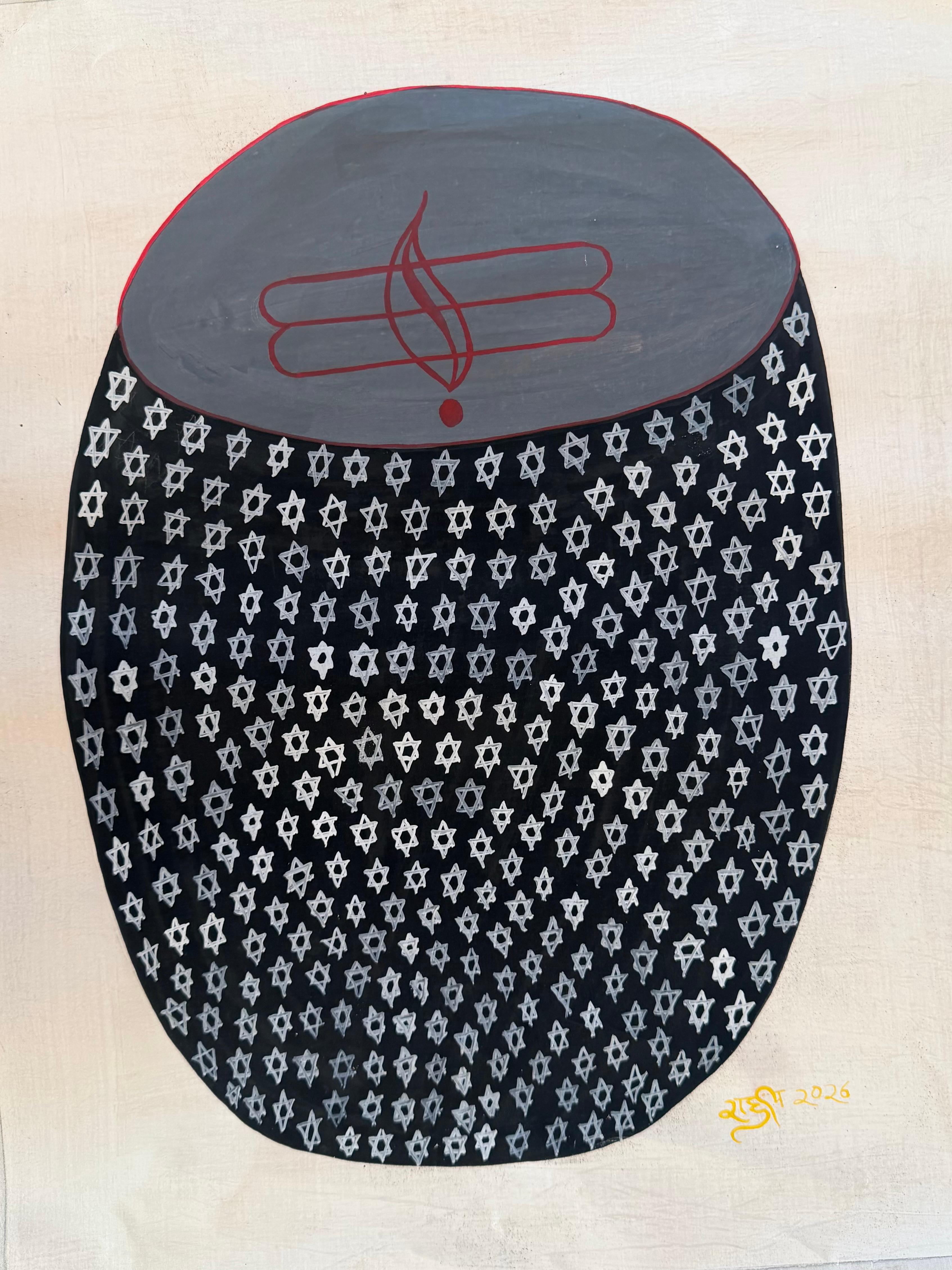 Rahul Kumar Abstract Painting - India Tantric Painting Black Red Cosmic Egg Minimalist Mixed Media on Cloth