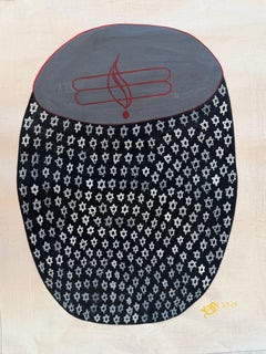 India Tantric Painting Black Red Cosmic Egg Minimalist Mixed Media on Cloth
