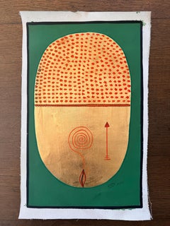 Peinture tantrique de l'Inde, or, vert, œuf cosmique, minimaliste, technique mixte, sur tissu