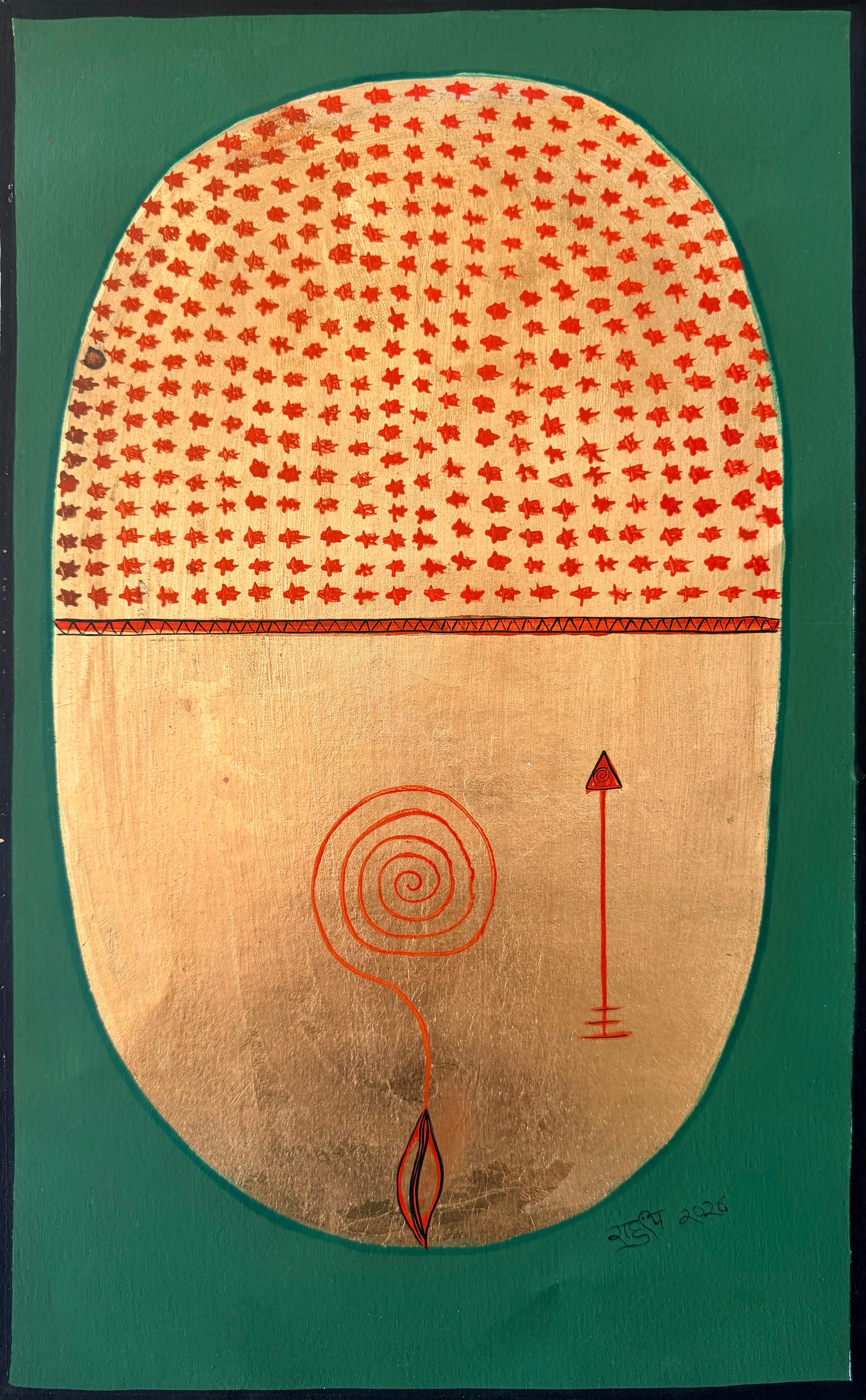 Rahul Kumar Abstract Painting - India Tantric Painting Gold Green Cosmic Egg Minimalist Mixed Media on Cloth