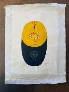 India Tantric Painting Yellow Black Cosmic Egg Minimalist Mixed Media on Cloth