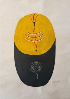 India Tantric Painting Yellow Black Cosmic Egg Minimalist Mixed Media on Cloth