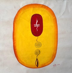 Indian Tantric Painting Yellow Orange Cosmic Egg Minimalist Mixed Media on Cloth