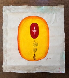 Indian Tantric Painting Yellow Orange Cosmic Egg Minimalist Mixed Media on Cloth