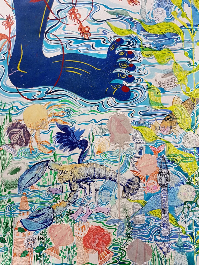 Surrealist Royal College of Art Large Painting Women LGBTQ+ Blue Feet Swim Lake For Sale 1