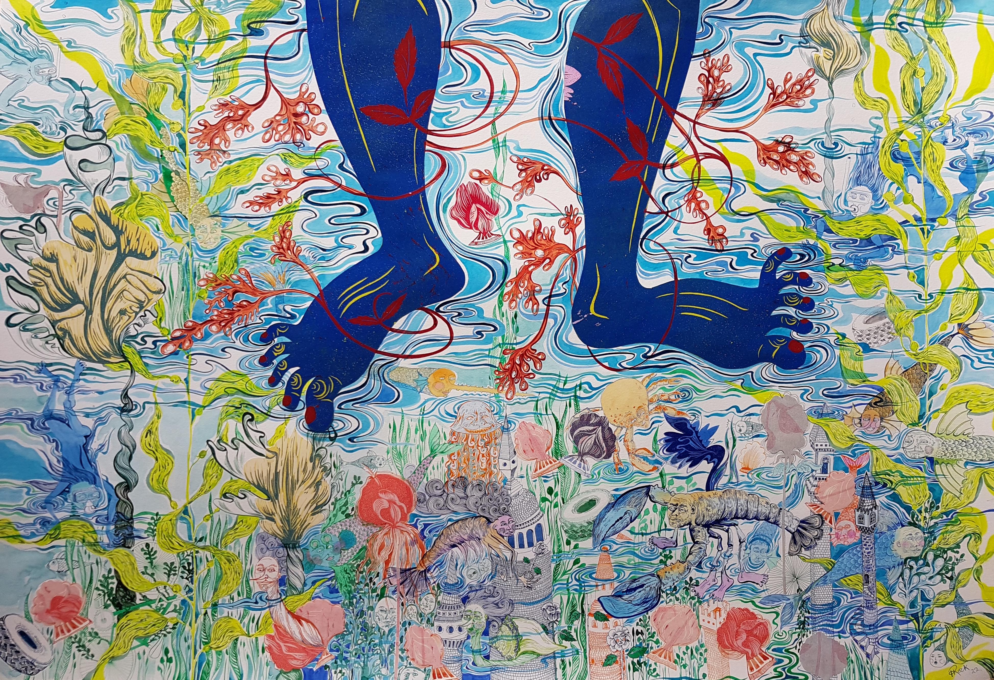Isabel Rock Figurative Painting - Surrealist Royal College of Art Large Painting Women LGBTQ+ Blue Feet Swim Lake