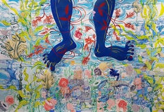 Surrealist Royal College of Art Large Painting Women LGBTQ+ Blue Feet Swim Lake