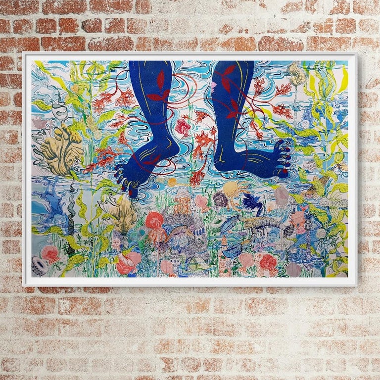 Surrealist Royal College of Art Large Painting Women LGBTQ+ Blue Feet Swim Lake For Sale 7