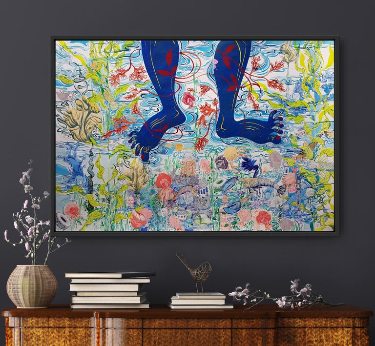 Surrealist Royal College of Art Large Painting Women LGBTQ+ Blue Feet Swim Lake For Sale 14