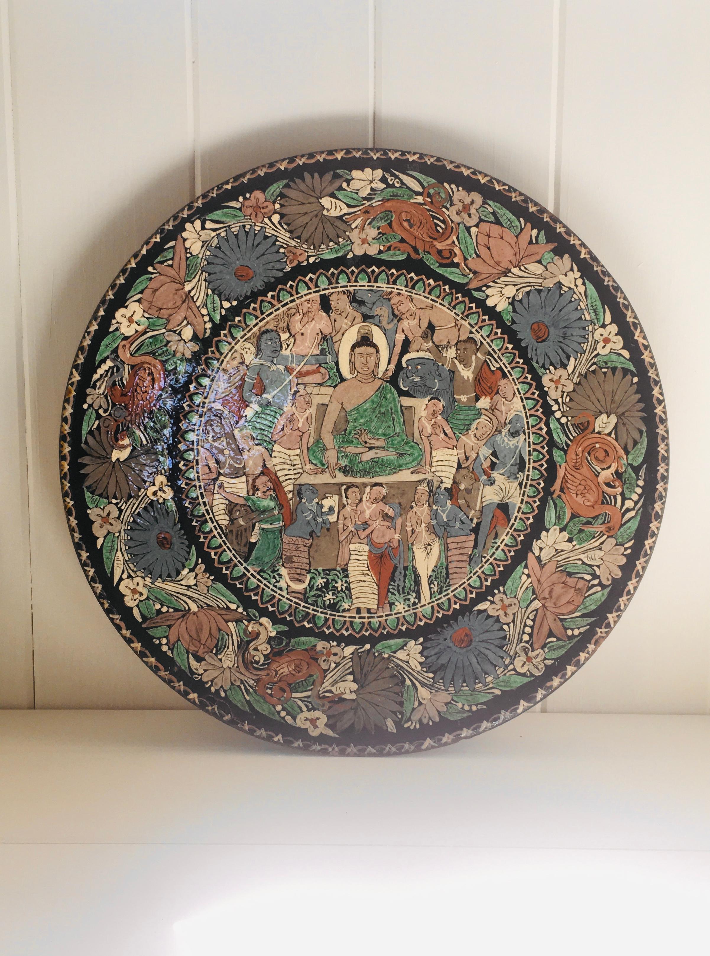 Indian Art Pottery Buddha Large Charger Swans Flowers Art India 19th Century  For Sale 11