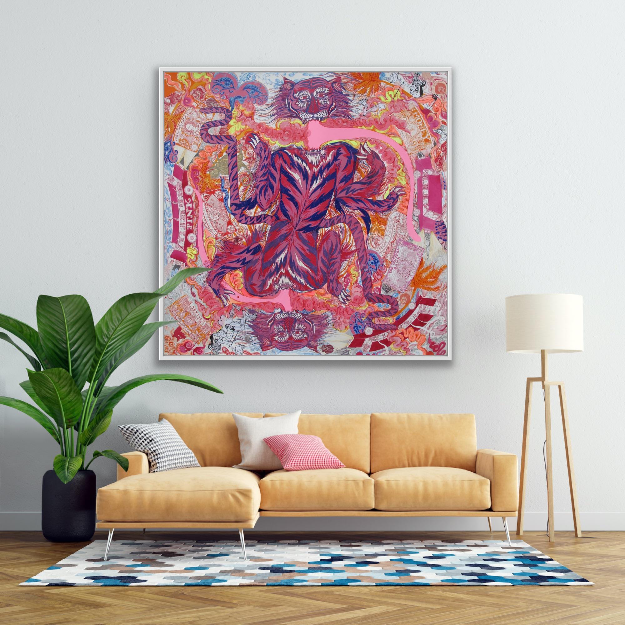 Animal Gran Pintura Surrealista Royal of College Art LGBTQ+ Mujer Artista Tigre - Animal Art Rosa de Isabel Rock