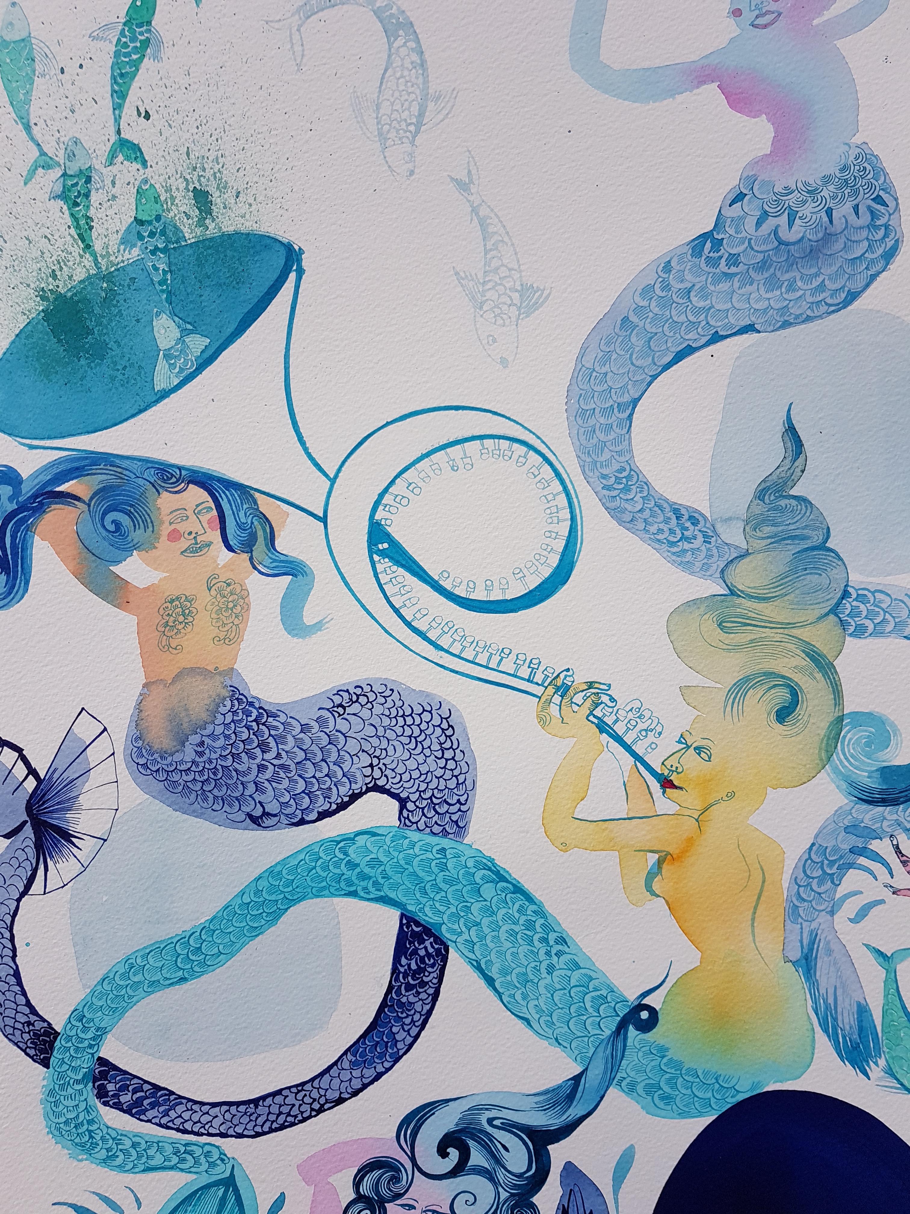 Surrealist Mermaid Orchestra Large Painting Royal College Art Women LGBTQ+ Blues For Sale 4