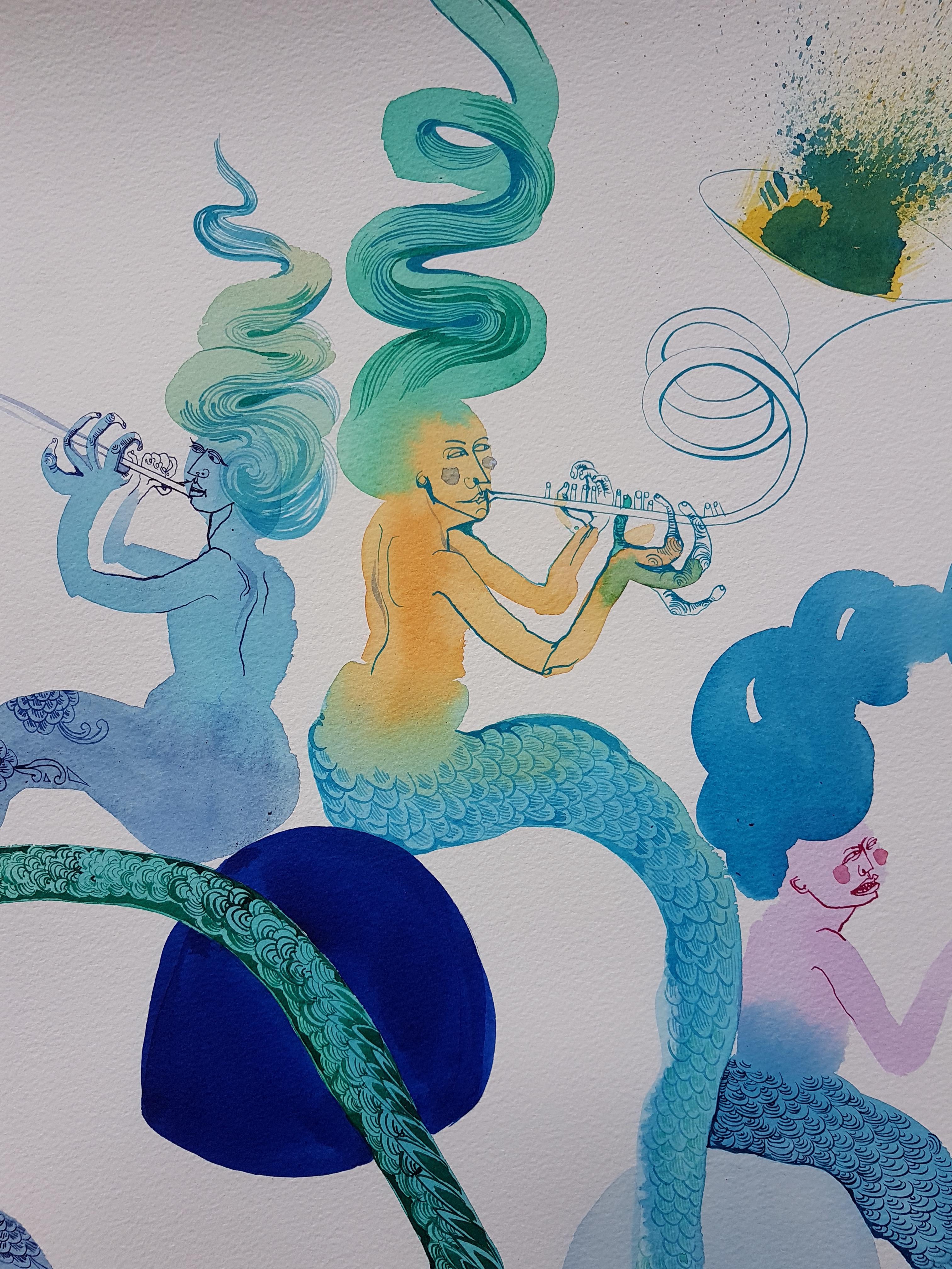 Surrealist Mermaid Orchestra Large Painting Royal College Art Women LGBTQ+ Blues For Sale 6