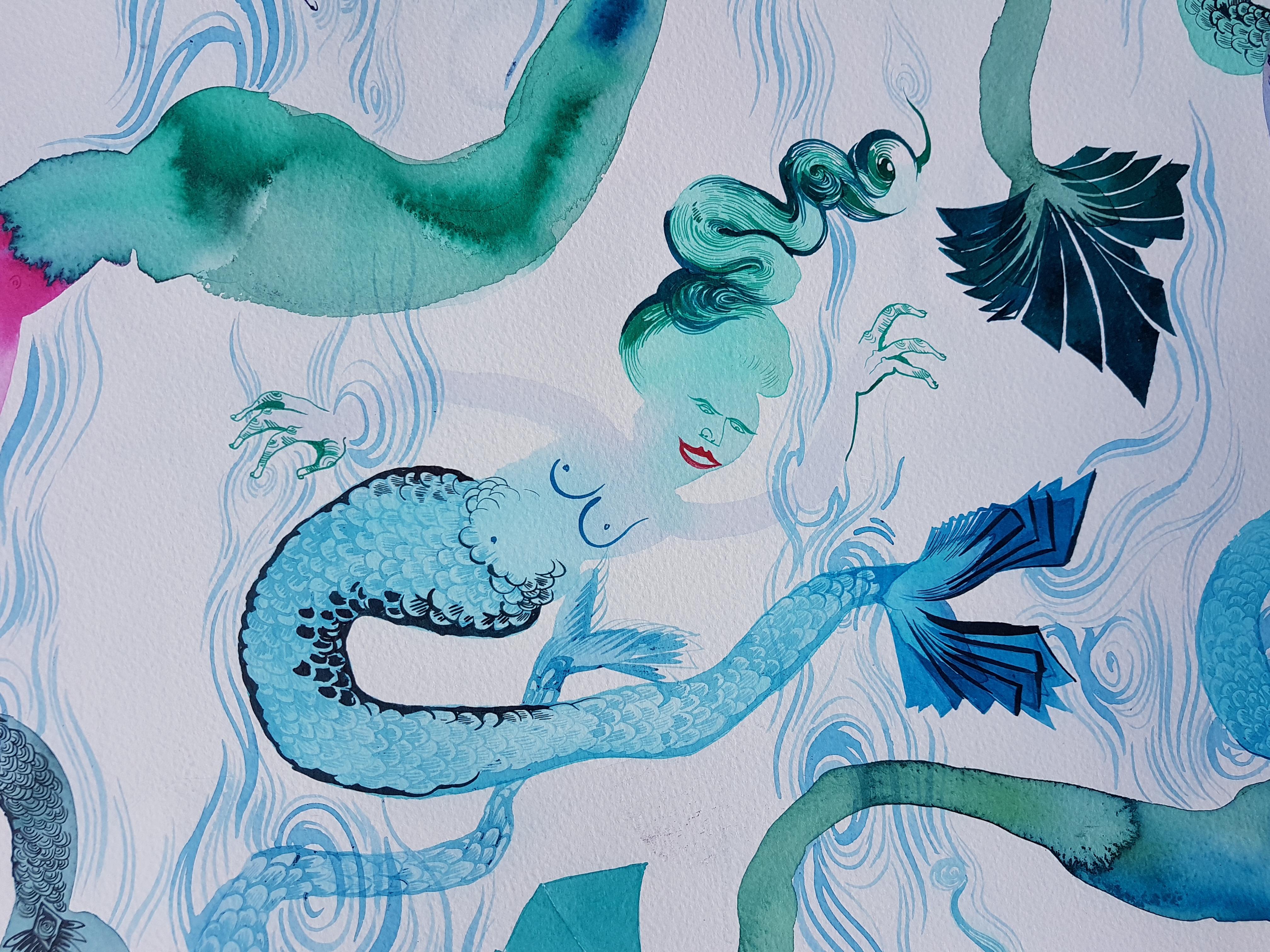 Surrealistische Meerjungfrau Orchestra Großes Gemälde Royal College Kunst Frauen LGBTQ+ Blues im Angebot 2