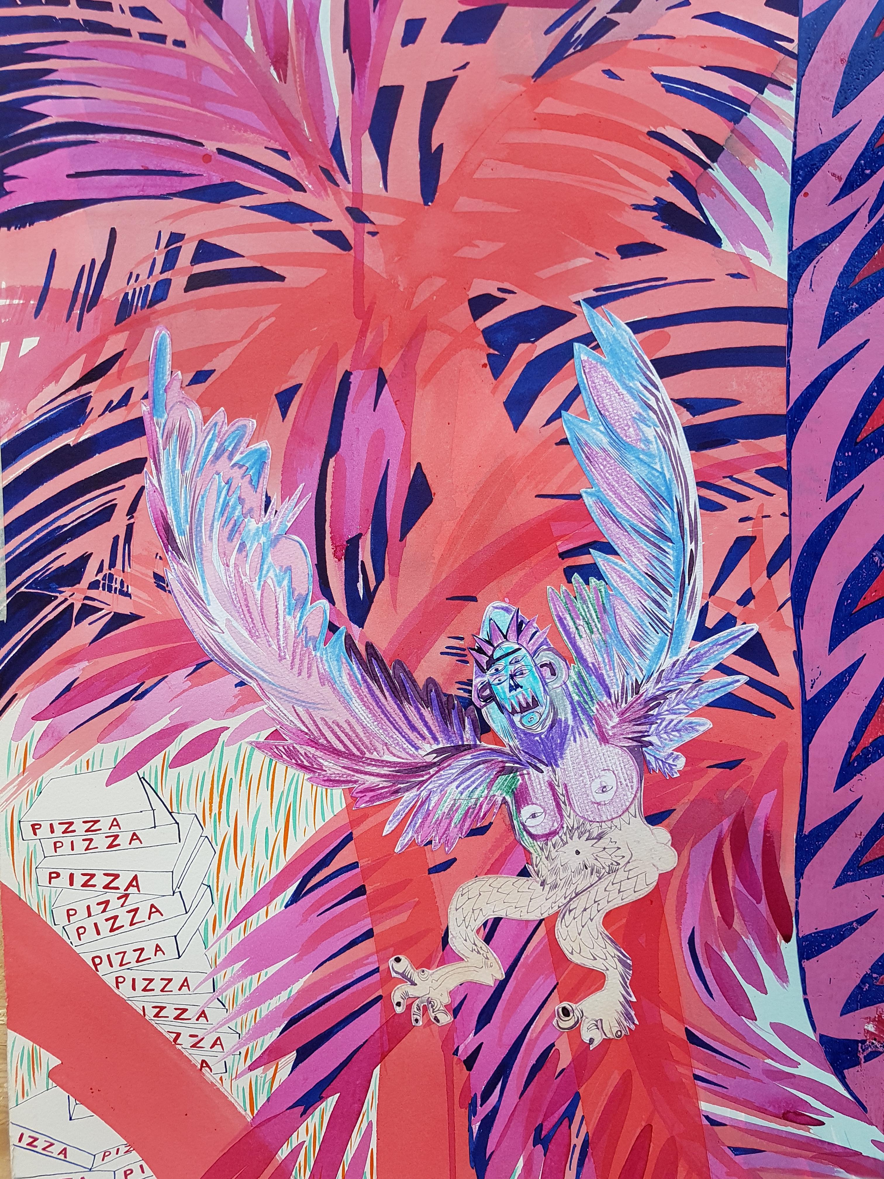 Grande peinture surréaliste du Royal College Art Women LGBTQ+ rose, bleu, palmier de tigre - Surréalisme Painting par Isabel Rock