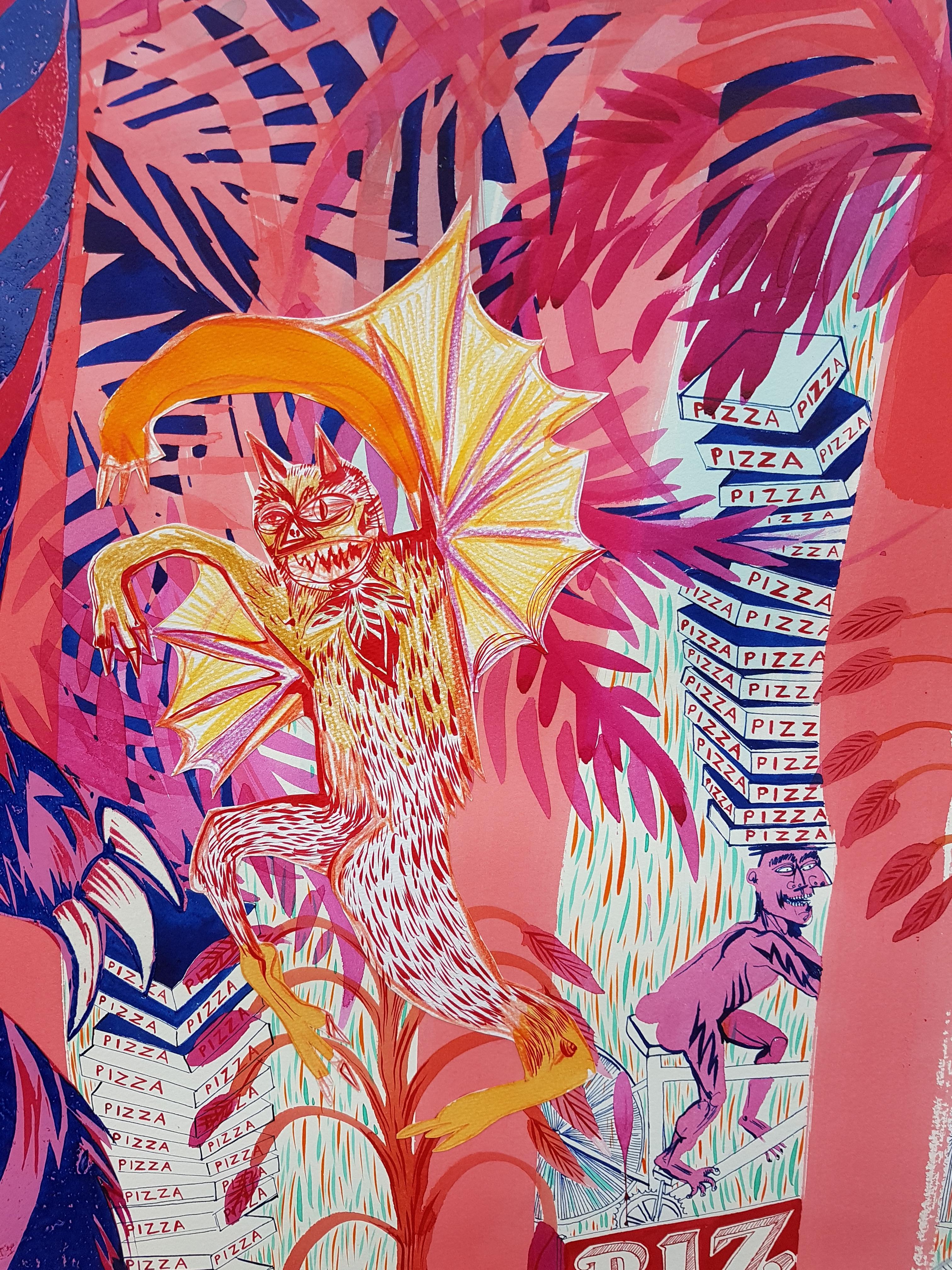 Grande peinture surréaliste du Royal College Art Women LGBTQ+ rose, bleu, palmier de tigre en vente 1