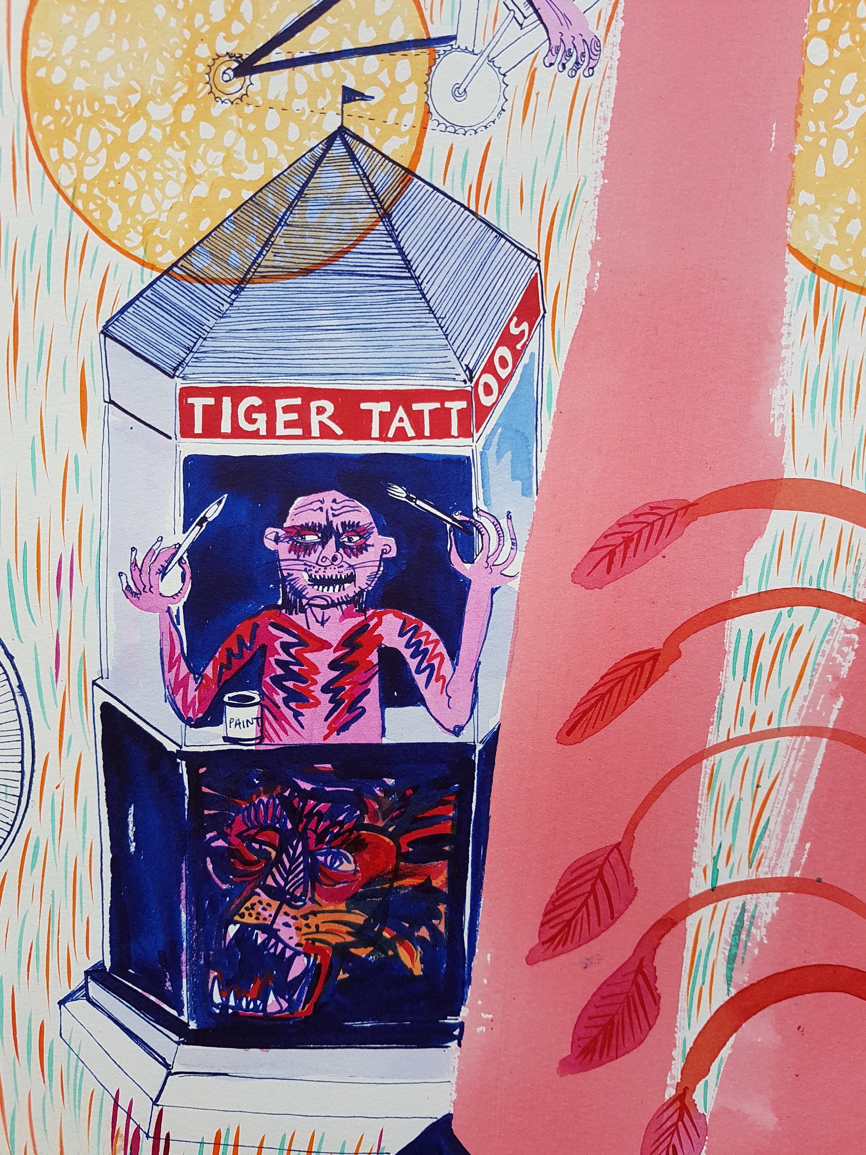 Grande peinture surréaliste du Royal College Art Women LGBTQ+ rose, bleu, palmier de tigre en vente 3