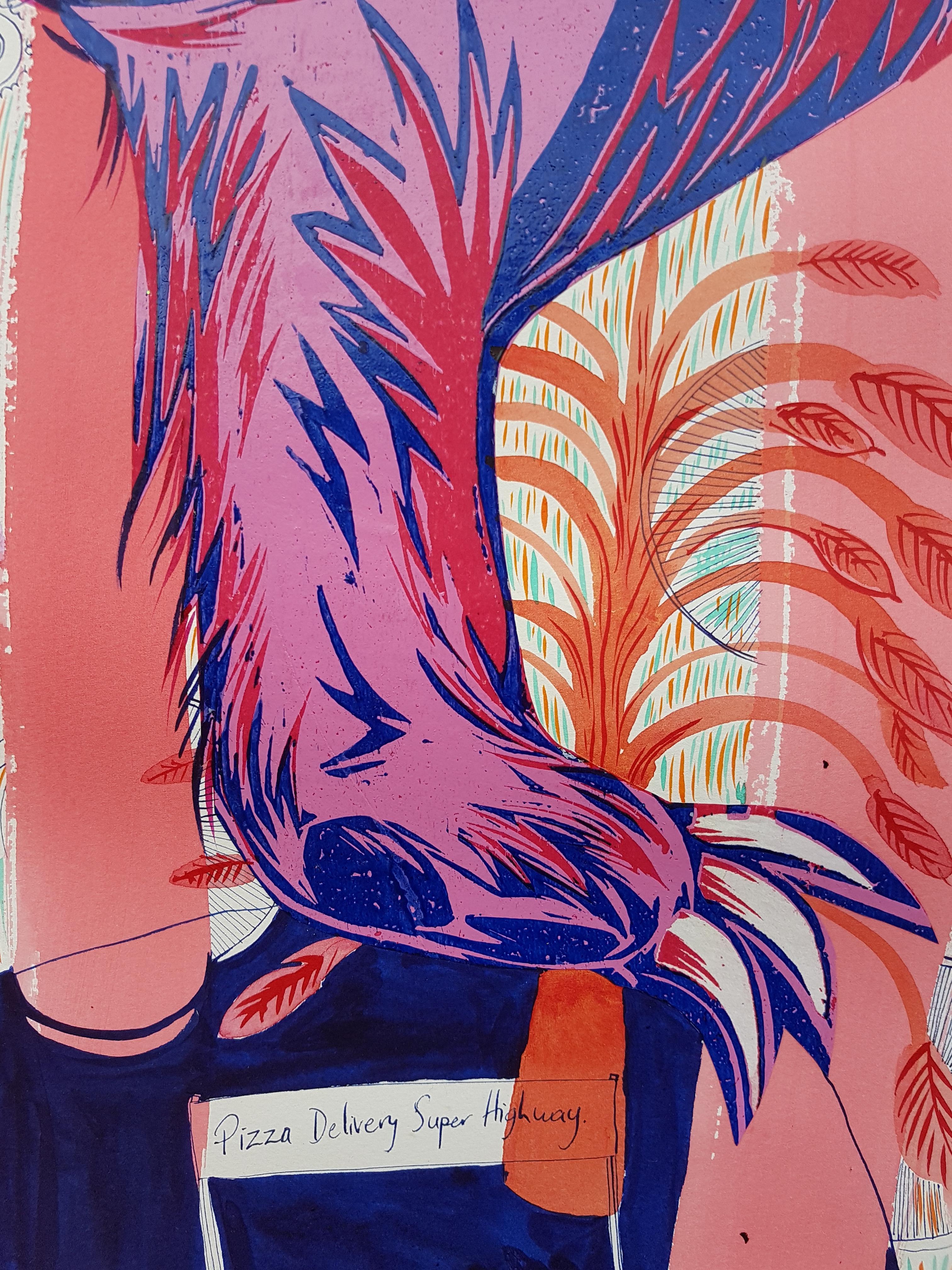 Grande peinture surréaliste du Royal College Art Women LGBTQ+ rose, bleu, palmier de tigre en vente 5