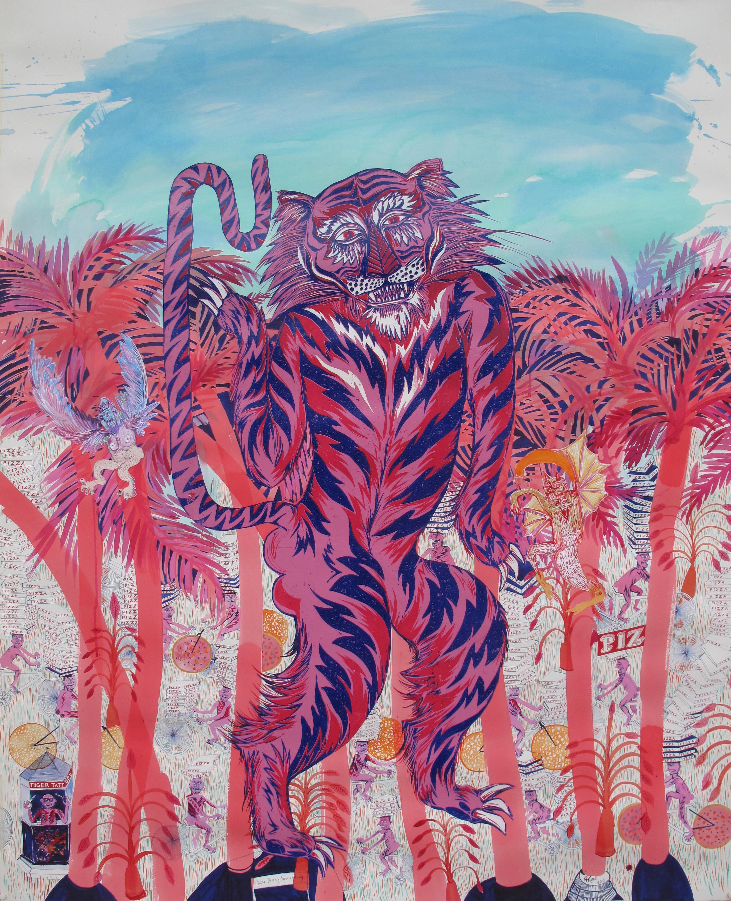 Large Surrealist Painting Royal College Art Women LGBTQ+ Jungle Pink Blue Tiger