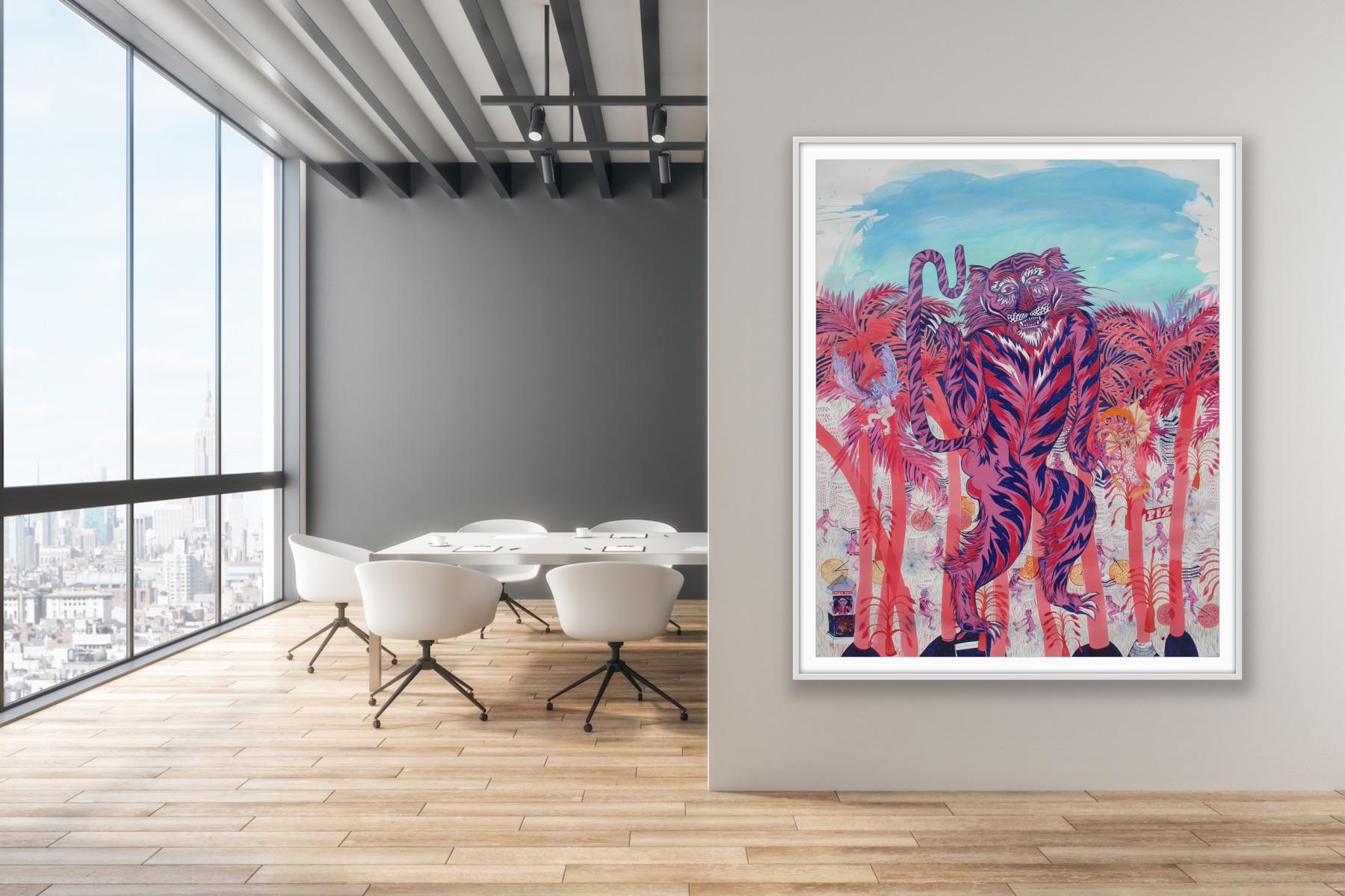 Large Surrealist Painting Royal College Art Women LGBTQ+ Pink Blue Tiger Palms For Sale 10