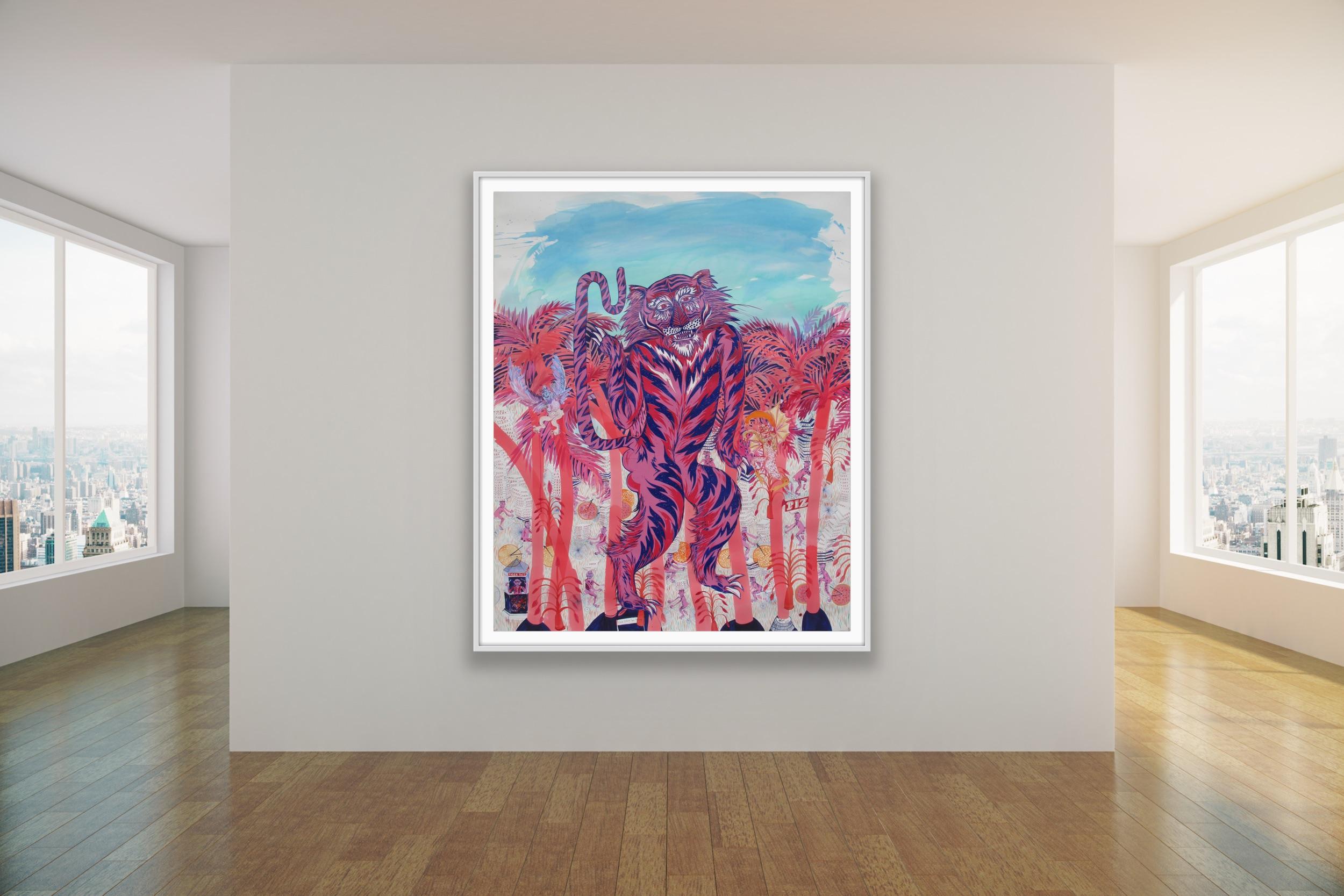 Large Surrealist Painting Royal College Art Women LGBTQ+ Pink Blue Tiger Palms For Sale 6