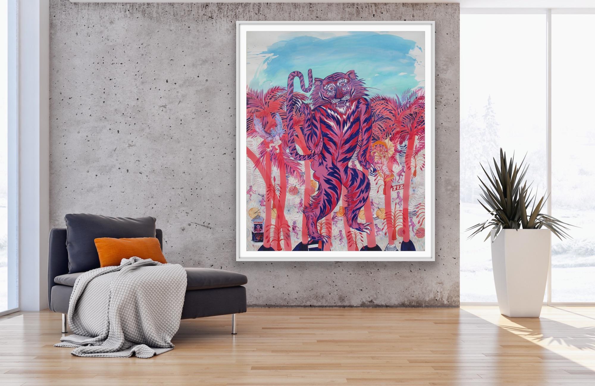Large Surrealist Painting Royal College Art Women LGBTQ+ Pink Blue Tiger Palms For Sale 8