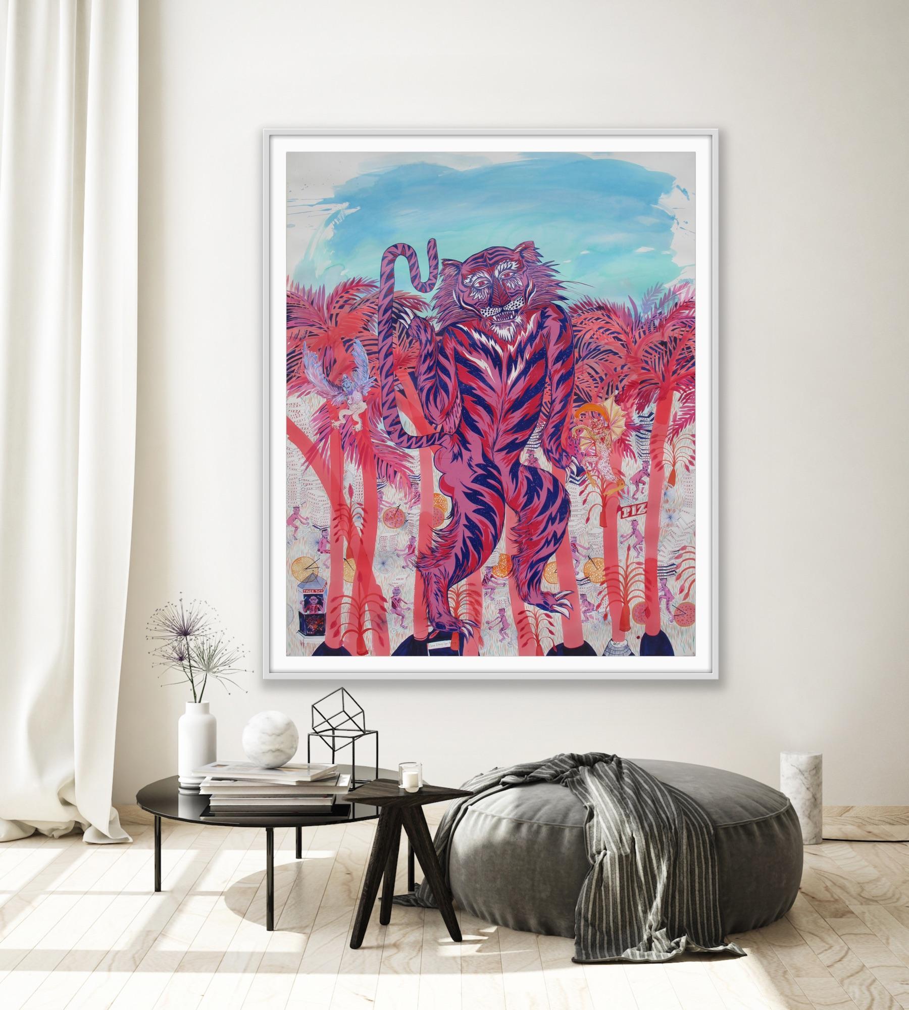 Large Surrealist Painting Royal College Art Women LGBTQ+ Pink Blue Tiger Palms For Sale 9