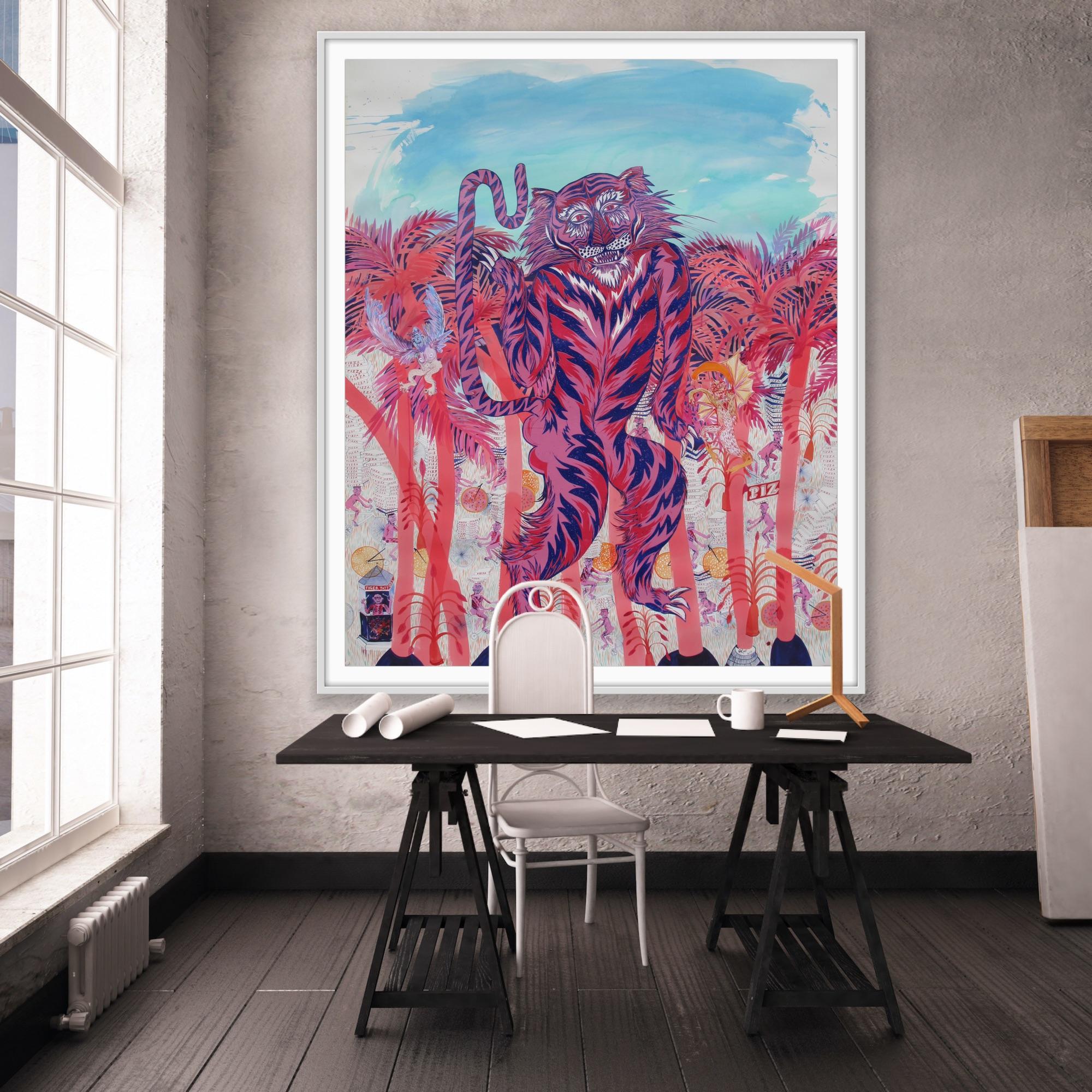Large Surrealist Painting Royal College Art Women LGBTQ+ Pink Blue Tiger Palms For Sale 11