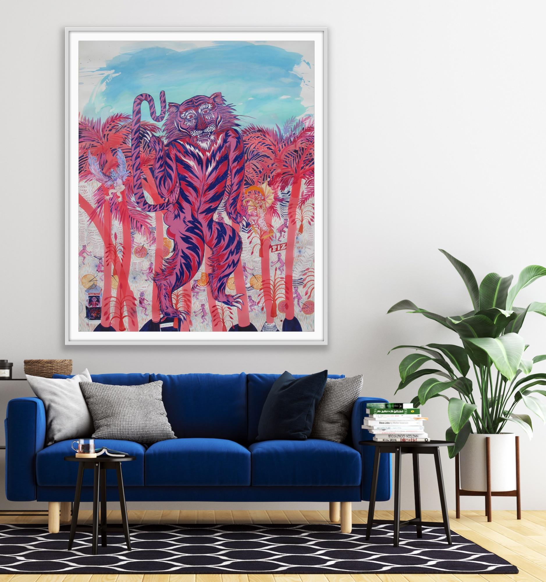 Large Surrealist Painting Royal College Art Women LGBTQ+ Pink Blue Tiger Palms For Sale 12