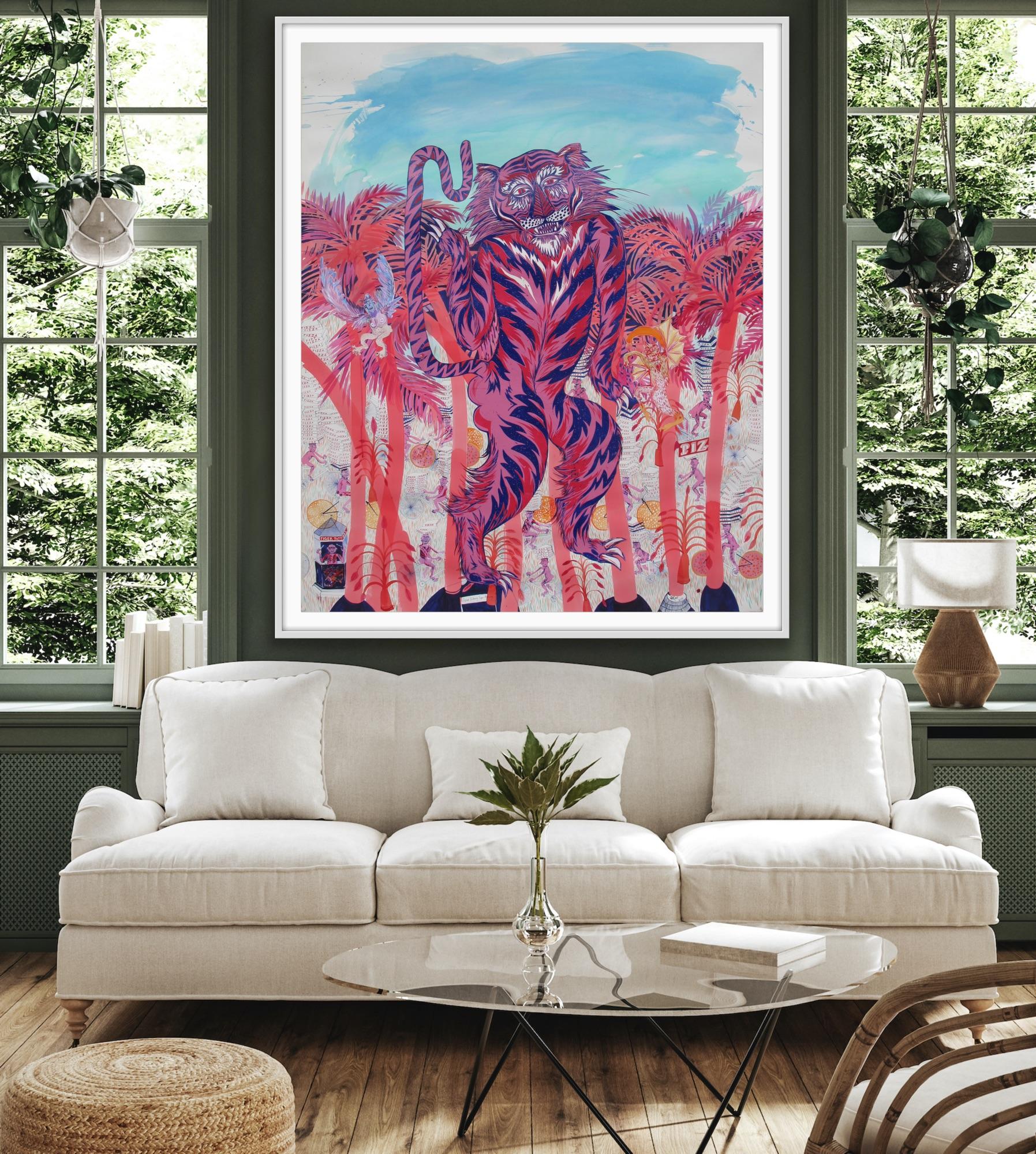Large Surrealist Painting Royal College Art Women LGBTQ+ Pink Blue Tiger Palms For Sale 7