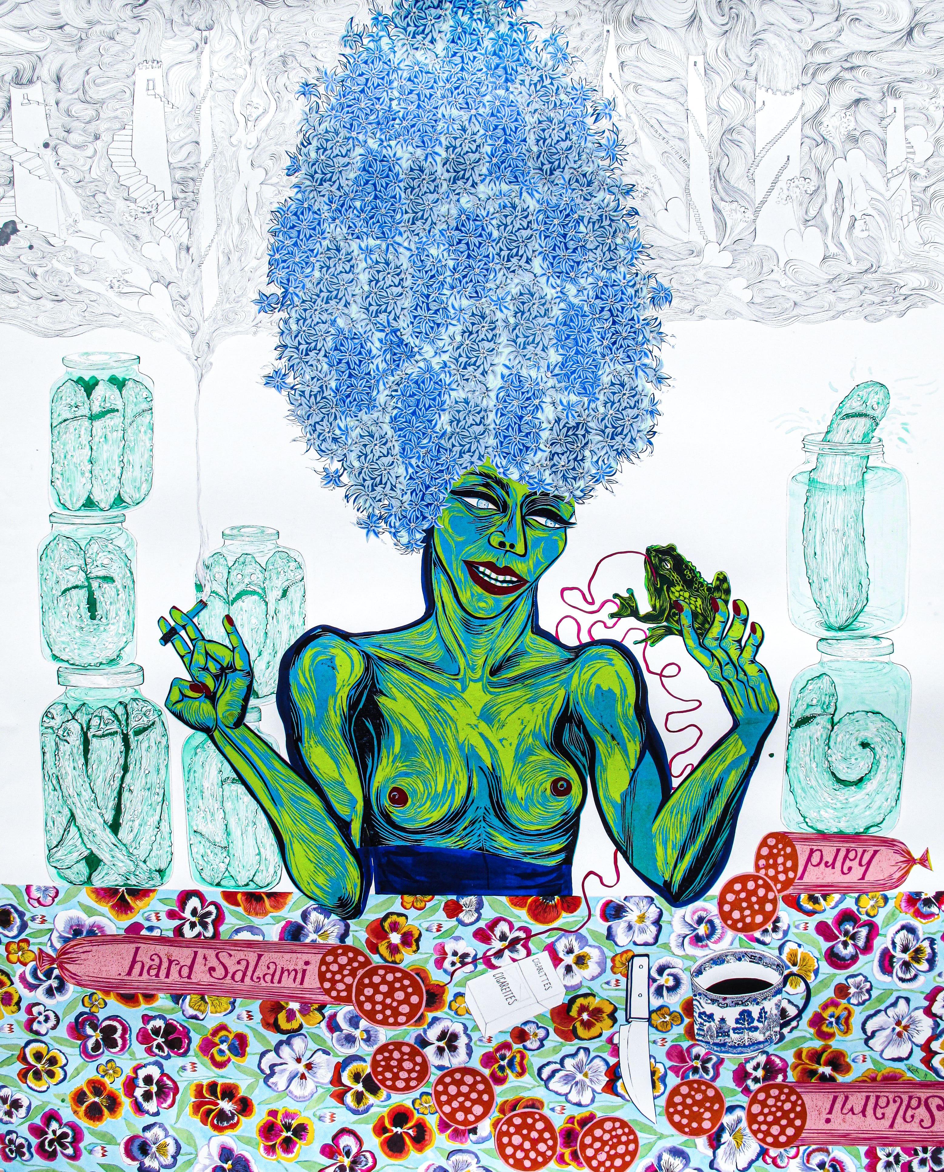 Isabel Rock Figurative Painting - Large Painting Surrealist Royal College Art Women LGBTQ+ Art Green Blue Humour