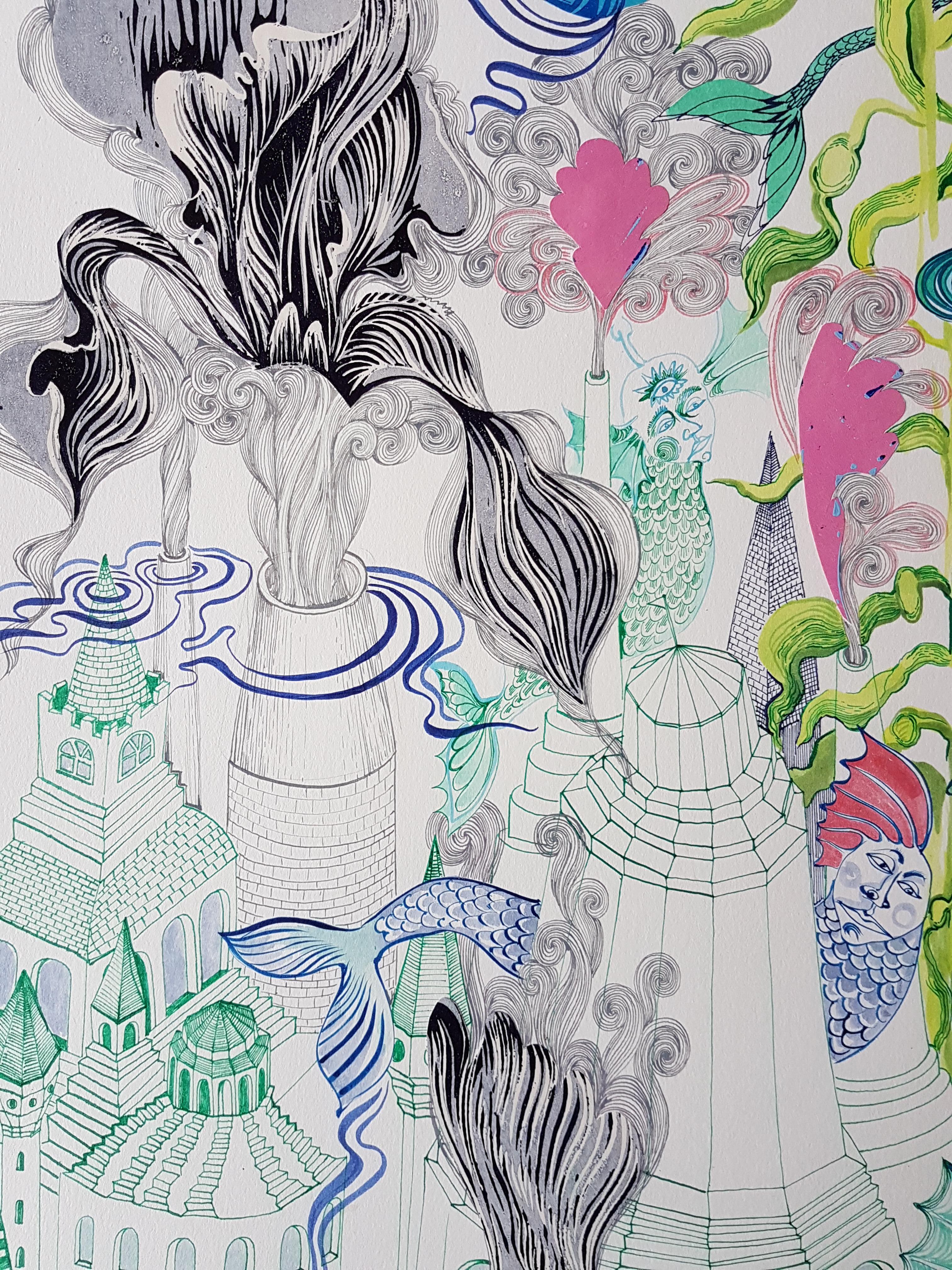 Gran pintura surrealista del Royal College of Art LGBTQ+ Mujeres Follaje de pies azules - Figurative Art Gris de Isabel Rock