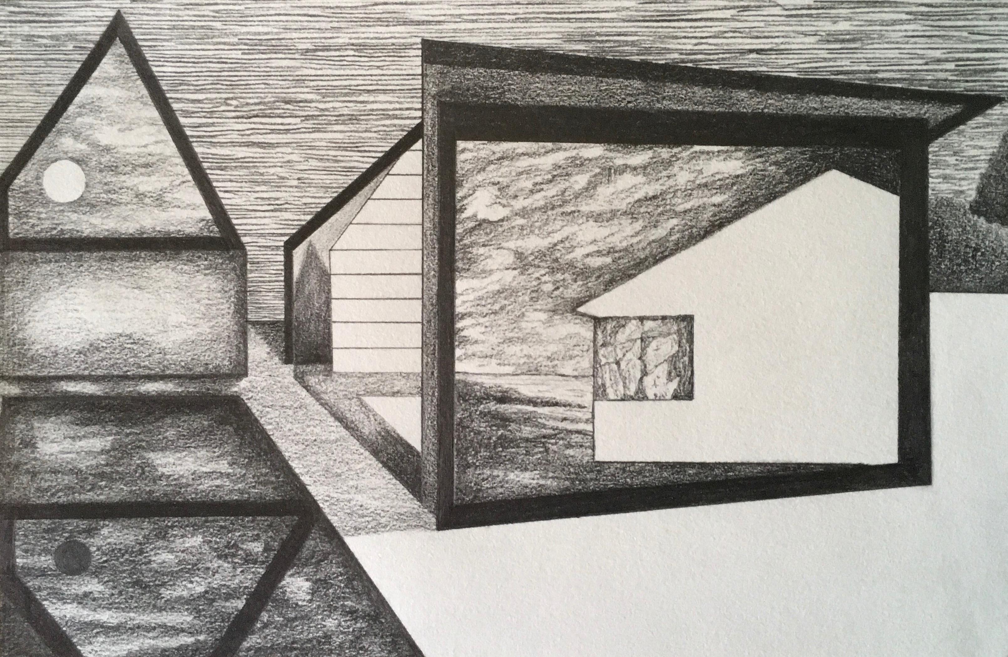 Whisper, graphite on paper, black and white architectural forms