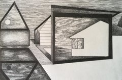 Whisper, graphite on paper, black and white architectural forms