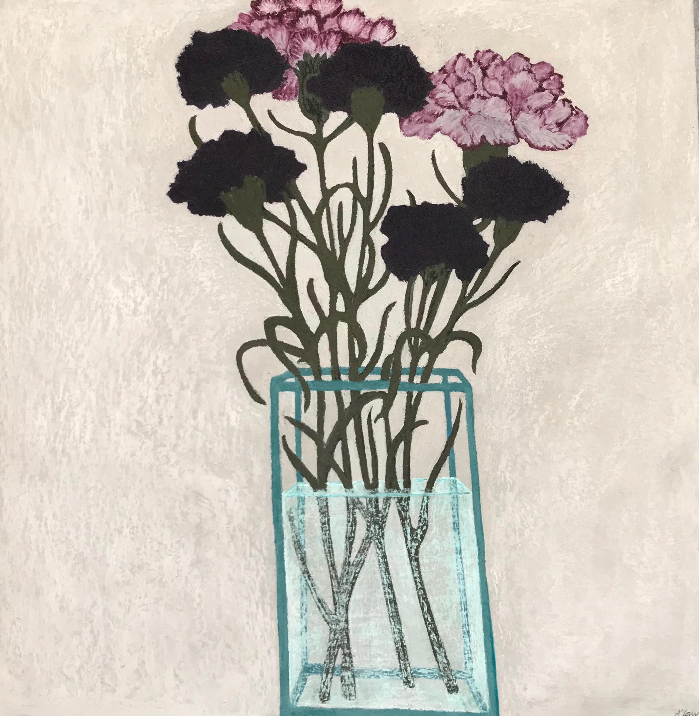 Doing One Thing at a Time, pink flowers in vase still life, work on paper