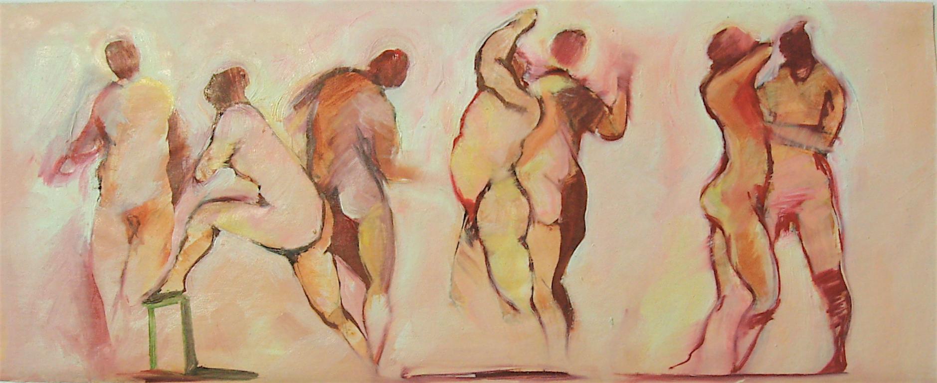 Silvina Mamani Nude Painting - Ellas (Female for "them"), nude women dancing, oil painting on paper