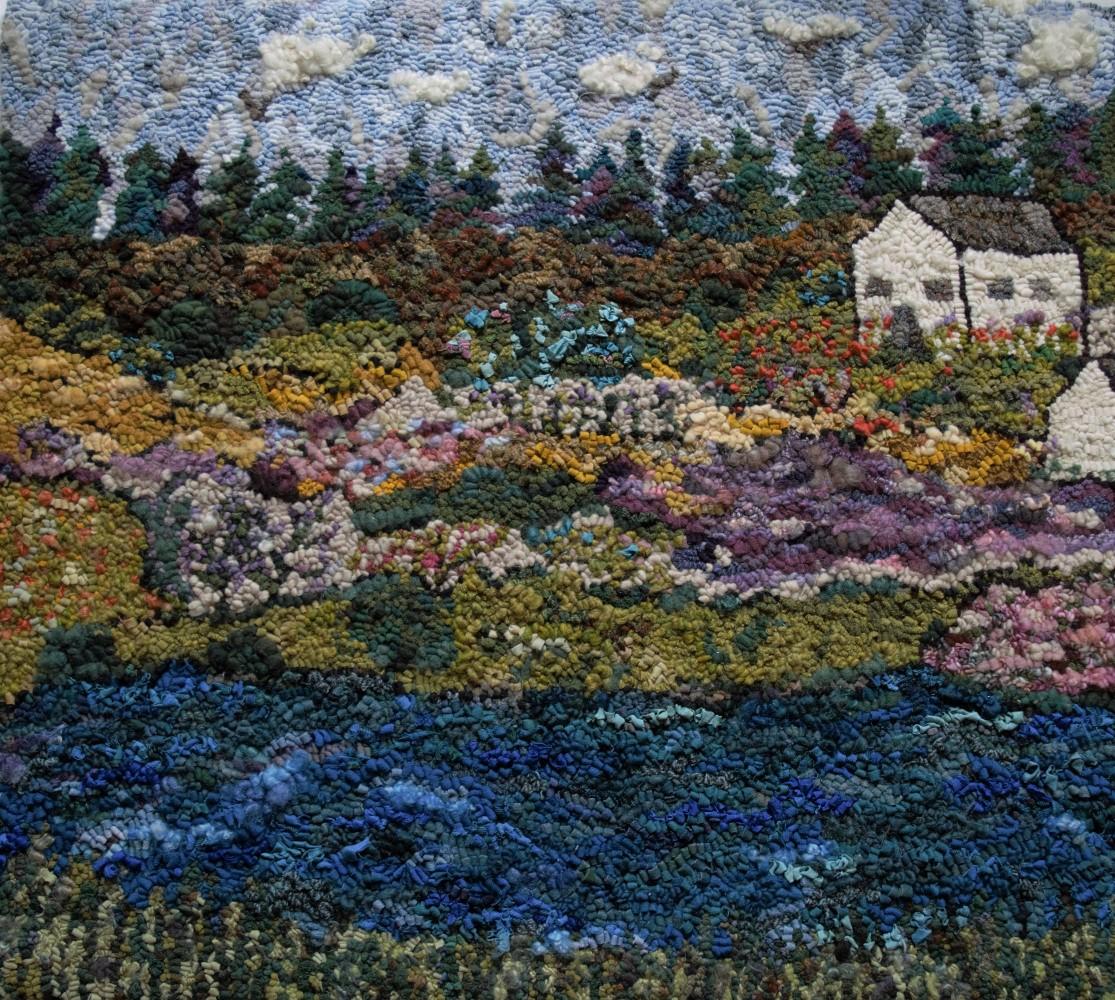 House on the Hill, woven textile art, sunny landscape with architecture - Mixed Media Art by Mary Tooley Parker