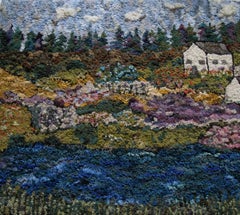 House on the Hill, woven textile art, sunny landscape with architecture