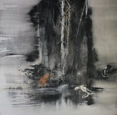 Middle River Rocks 1, black and white mixed media on canvas, landscape