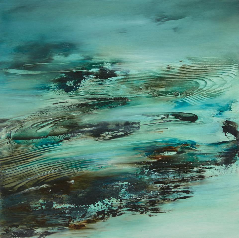 Foreign Shores Rigid Coast, teal oil painting on panel, abstract water