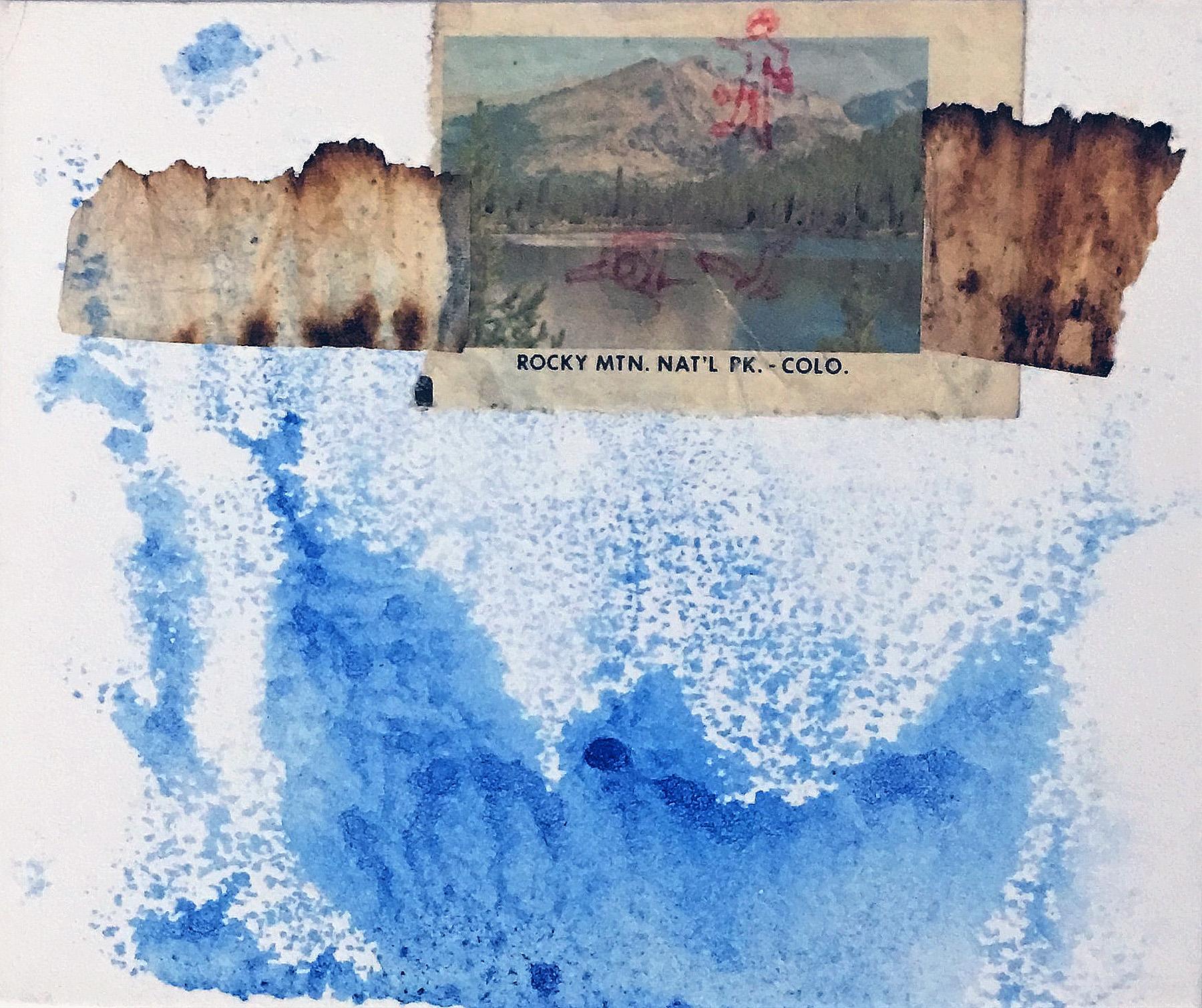 A Rocky Interpretation, mixed media collage on paper, blue - Mixed Media Art by Vernita Nemec