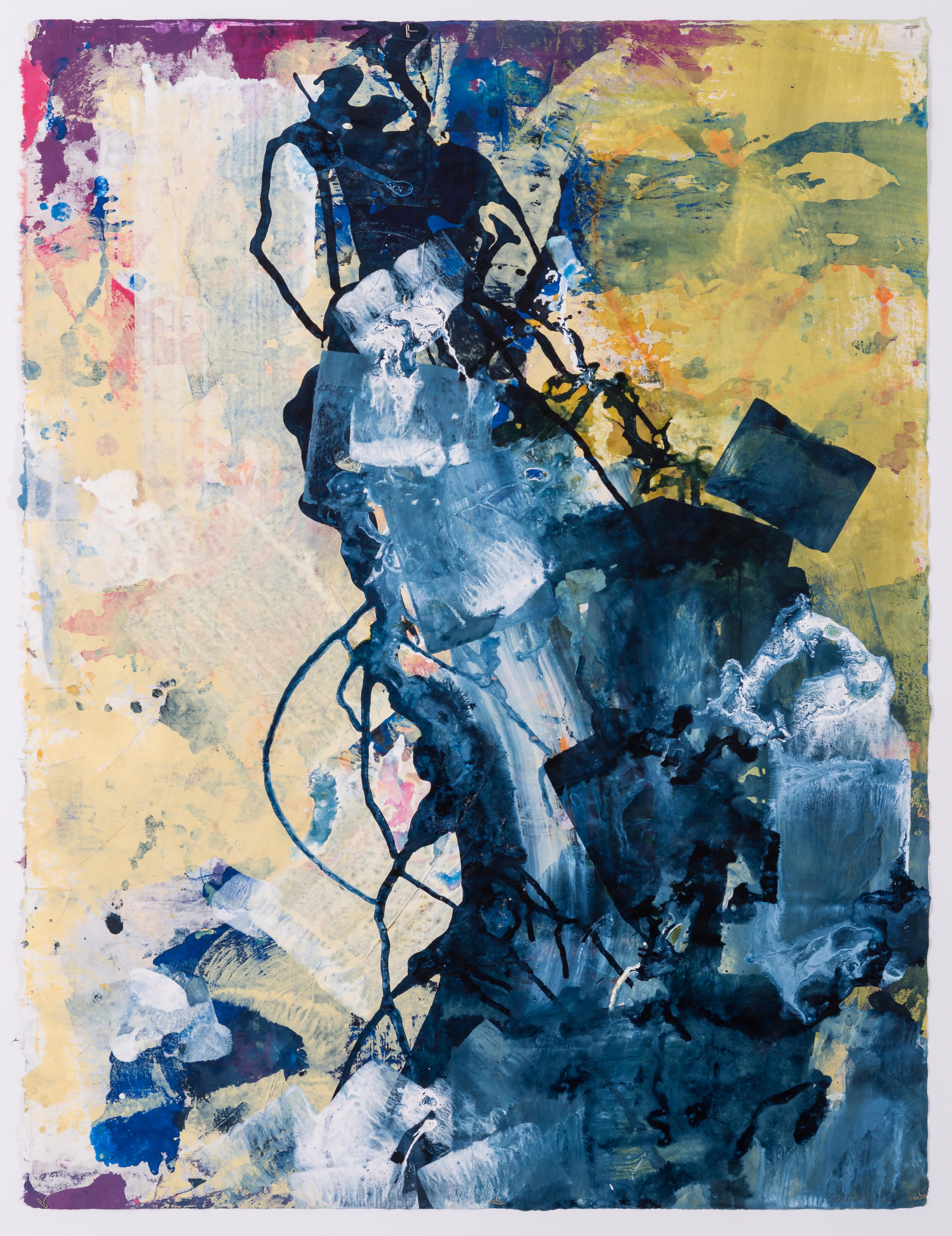 Naomi Schlinke Landscape Painting - Plunge, abstract ink on paper painting, navy and yellow