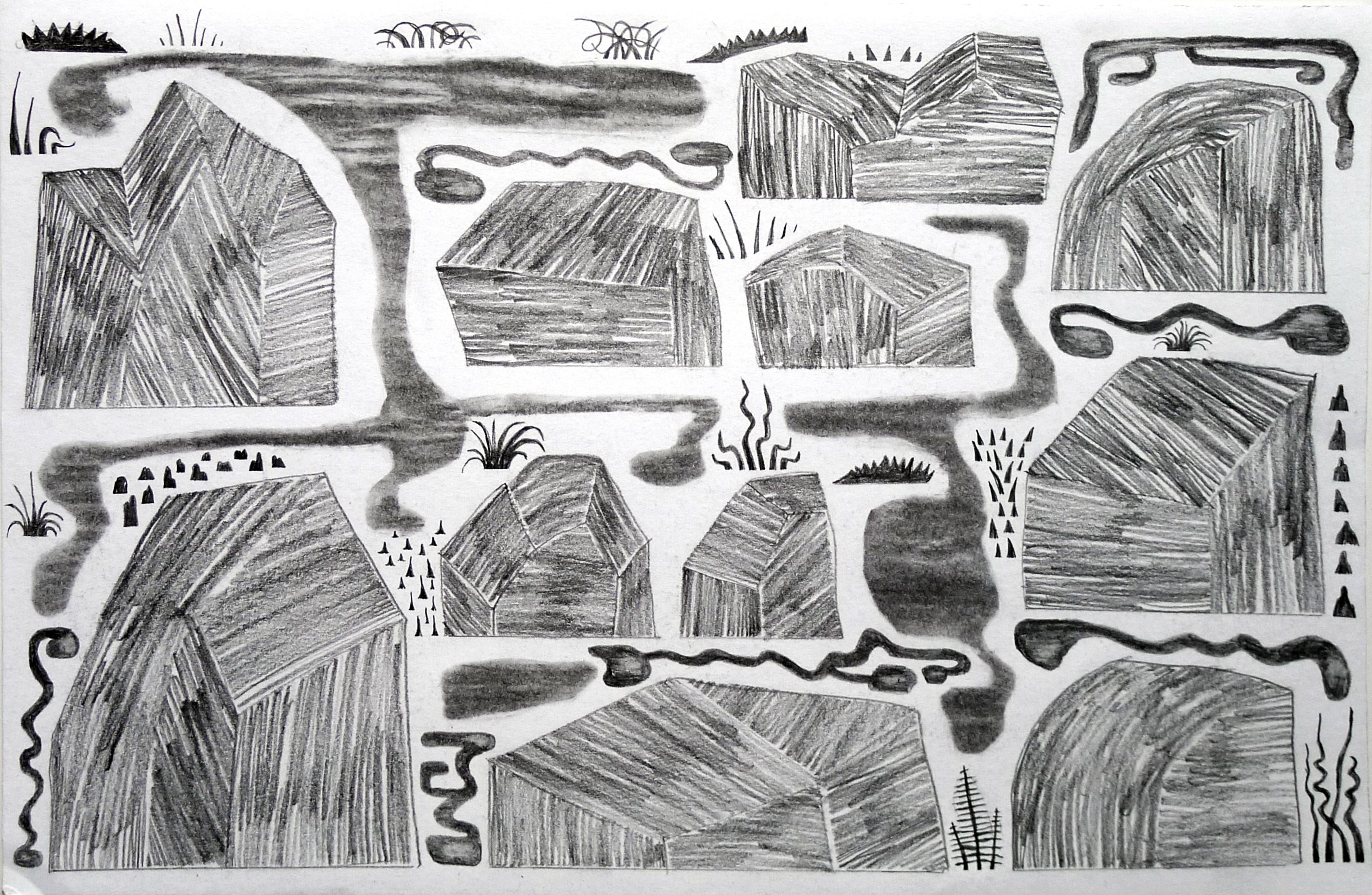 Katrina Bello Landscape Art - Rockscape, small abstracted work on paper, black and white
