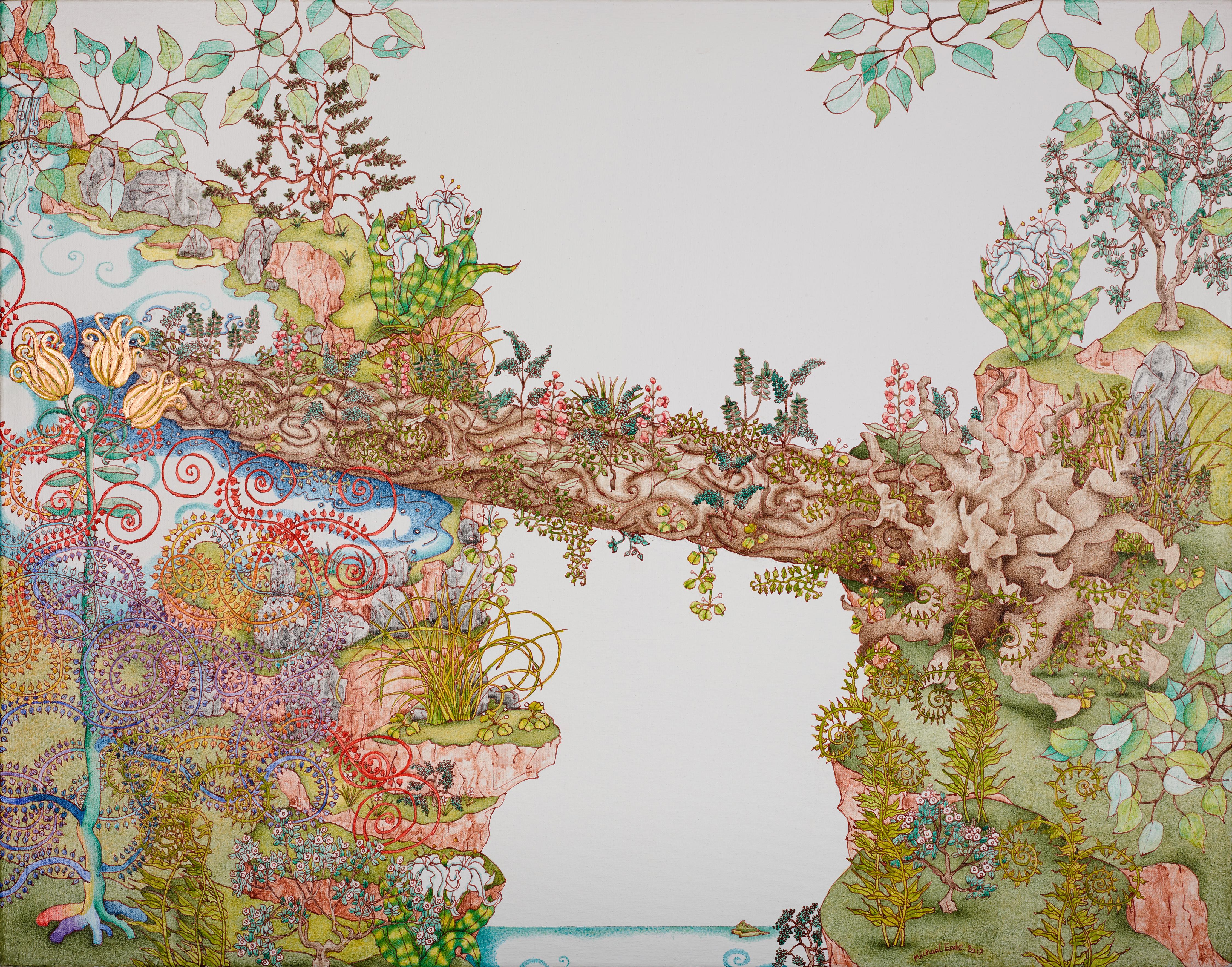 Michael Eade Landscape Art - Nurse Log Bridge, colorful forest scene, mixed media on canvas